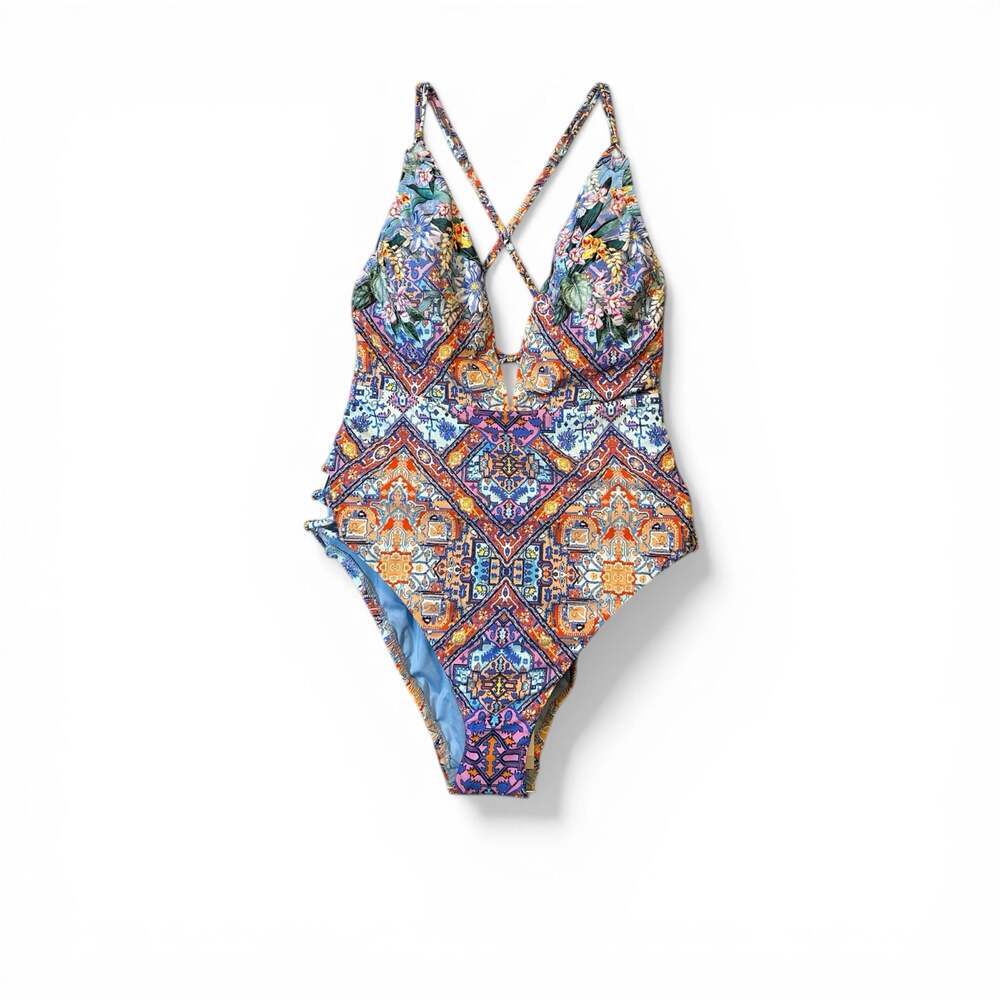 Nanette Lepore Multicolored Mosaic Print One Piece Swimsuit with Beaded Cutouts